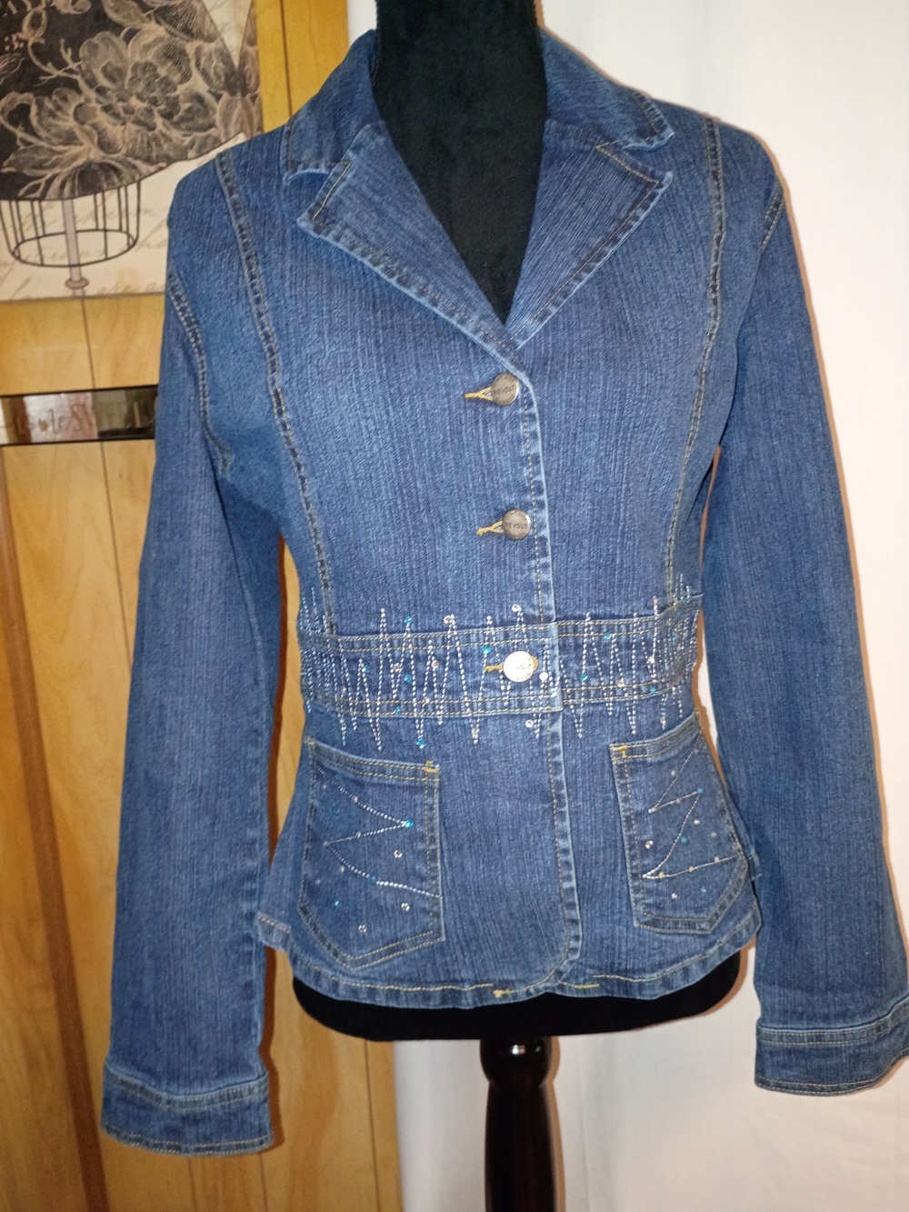 Blue Denim Jean Jacket with Embellished Waist